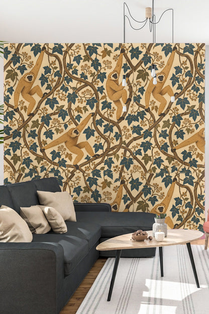 Bedroom ambiance created by the wallpaper’s playful gibbon motif complementing neutral textiles