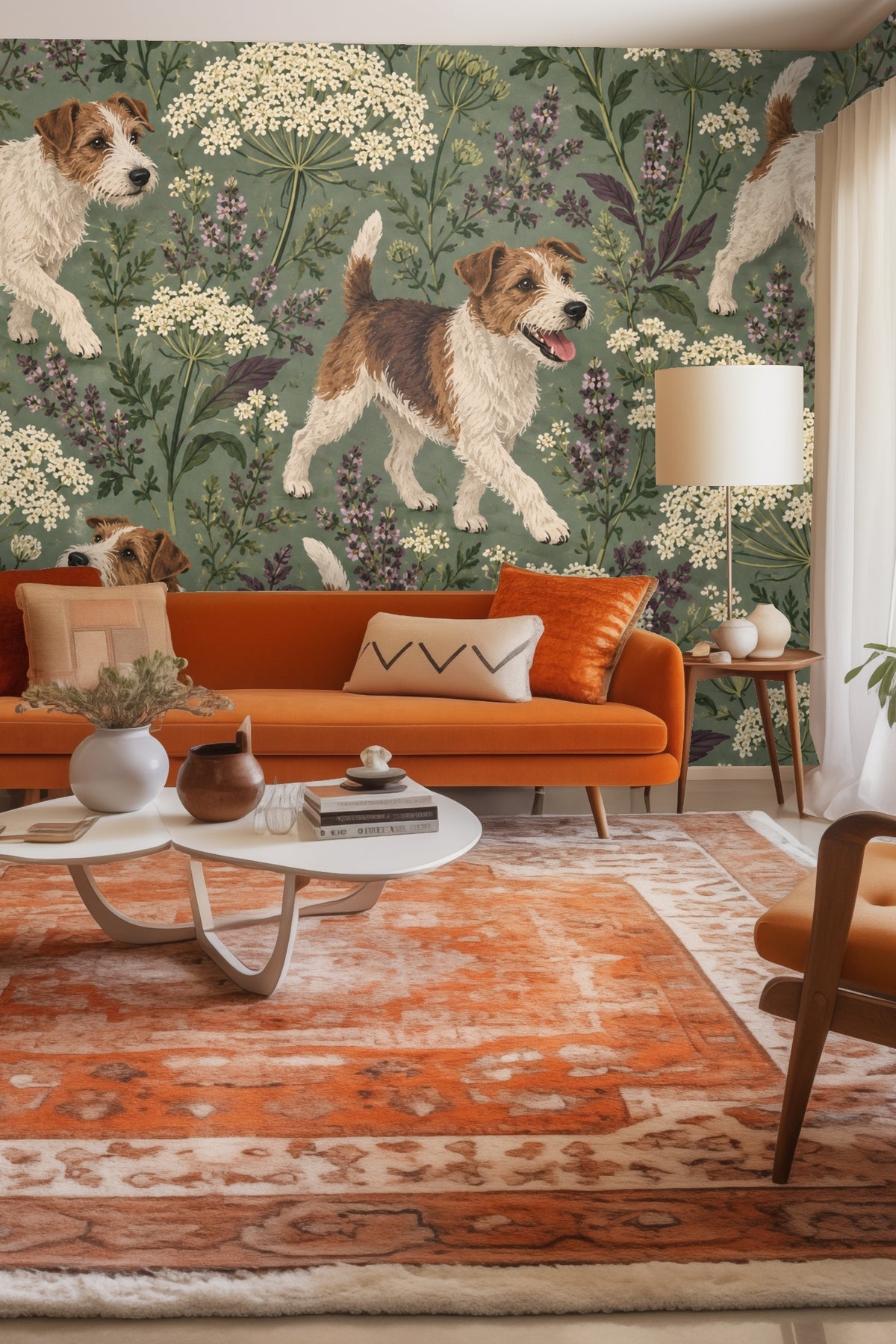 Close-up of detailed terrier dogs and wildflowers on sage green wallpaper background