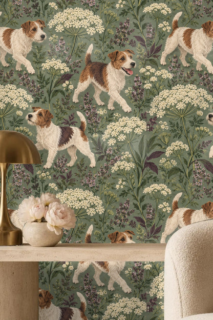 Pattern repeat showing terrier dogs in motion among delicate wildflower clusters