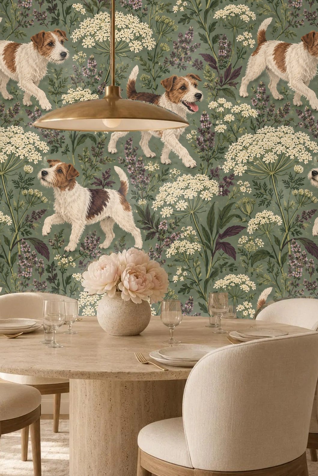 Vintage-style botanical drawing mixed with lively terrier illustrations on wallpaper