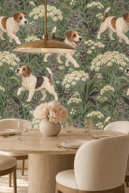 Vintage-style botanical drawing mixed with lively terrier illustrations on wallpaper