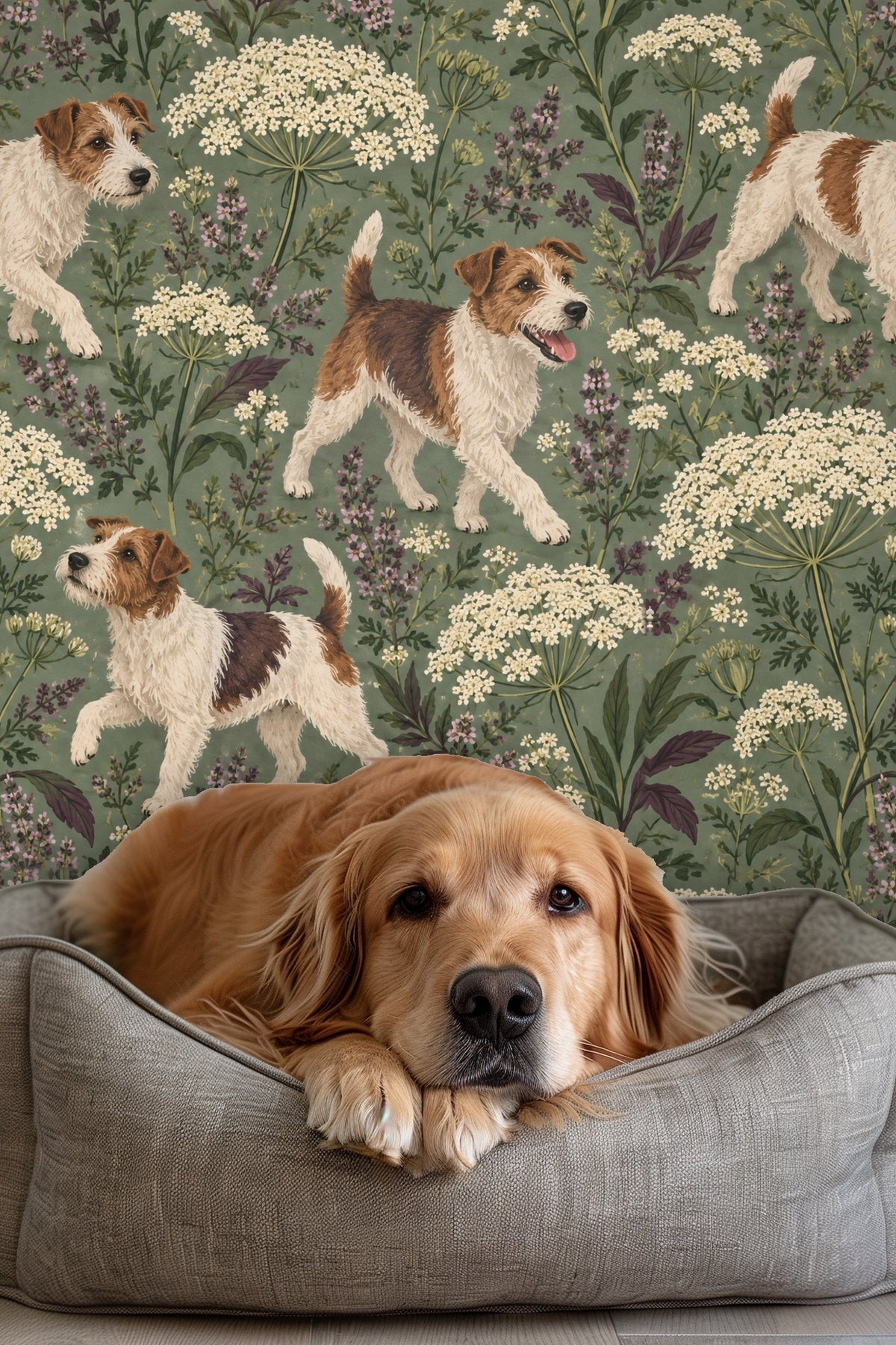 Sprigs of white and lavender wildflowers detailed around playful terrier figures