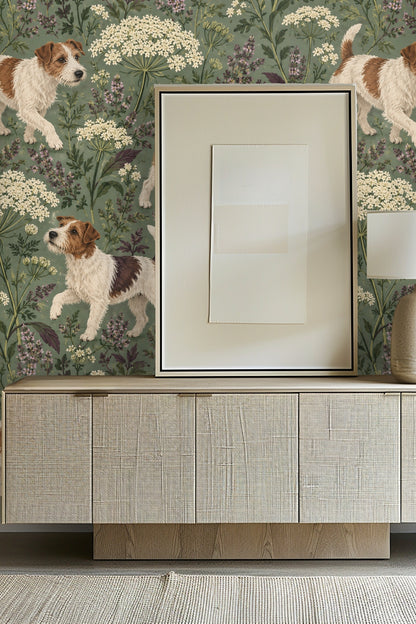 Textured terrier dog illustration with cream and brown fur in floral meadow wallpaper