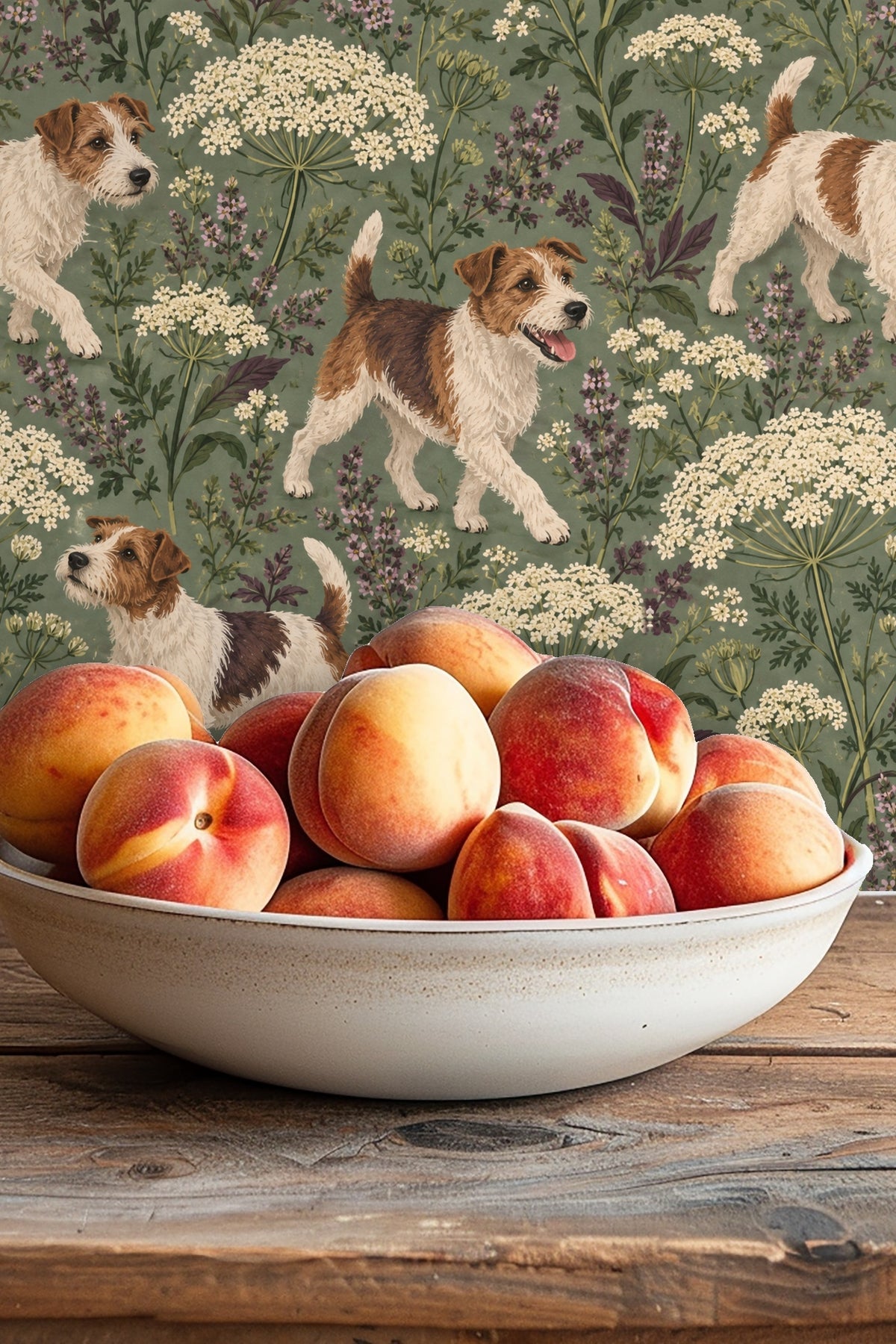 Artistic wallpaper with layered floral motifs in cream and purple around terriers