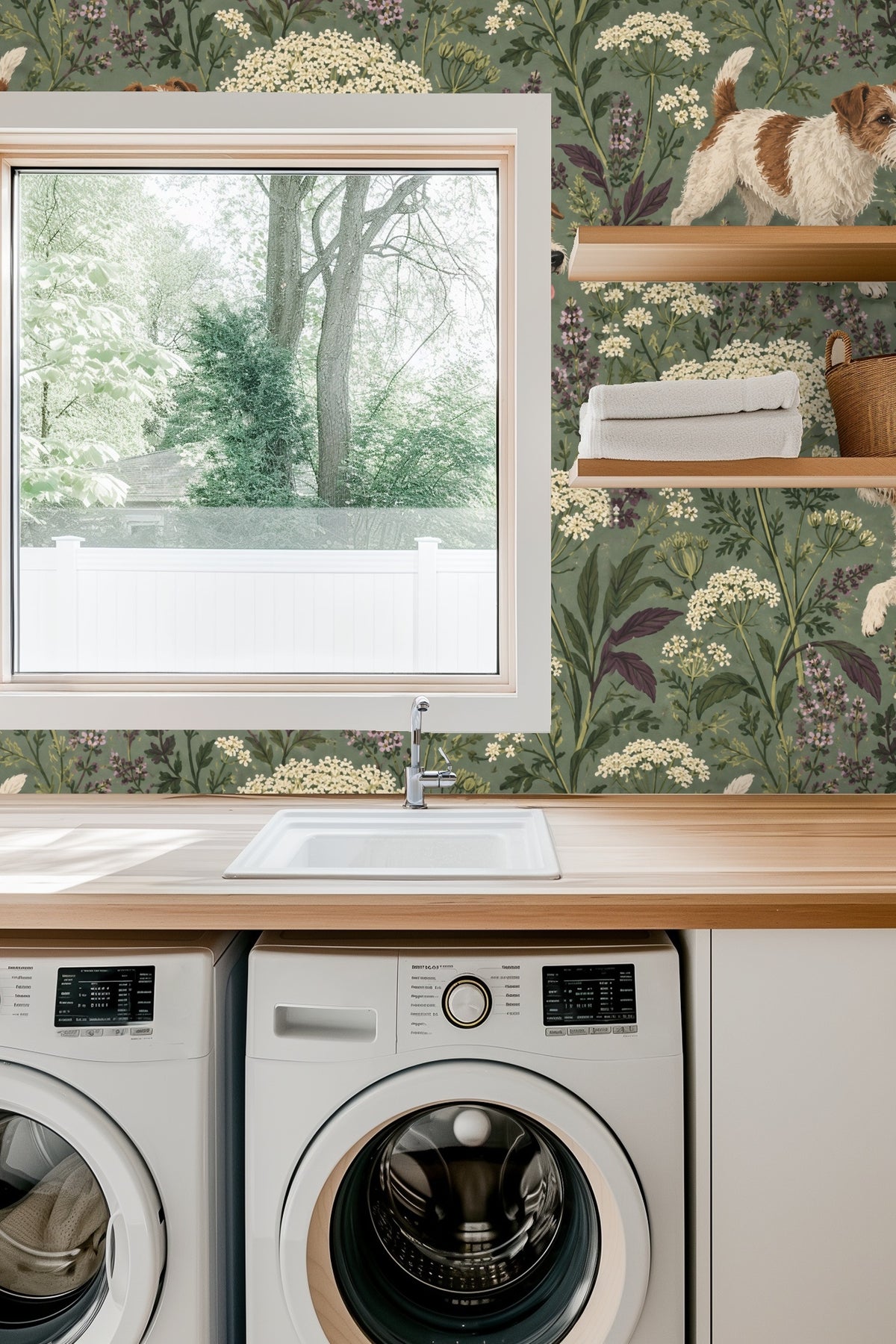 Lifestyle room showing scale of wallpaper pattern with three terriers spaced amidst botanical elements