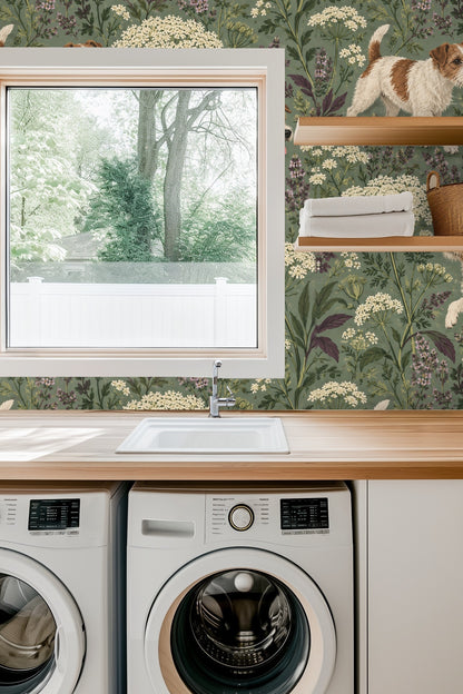 Lifestyle room showing scale of wallpaper pattern with three terriers spaced amidst botanical elements