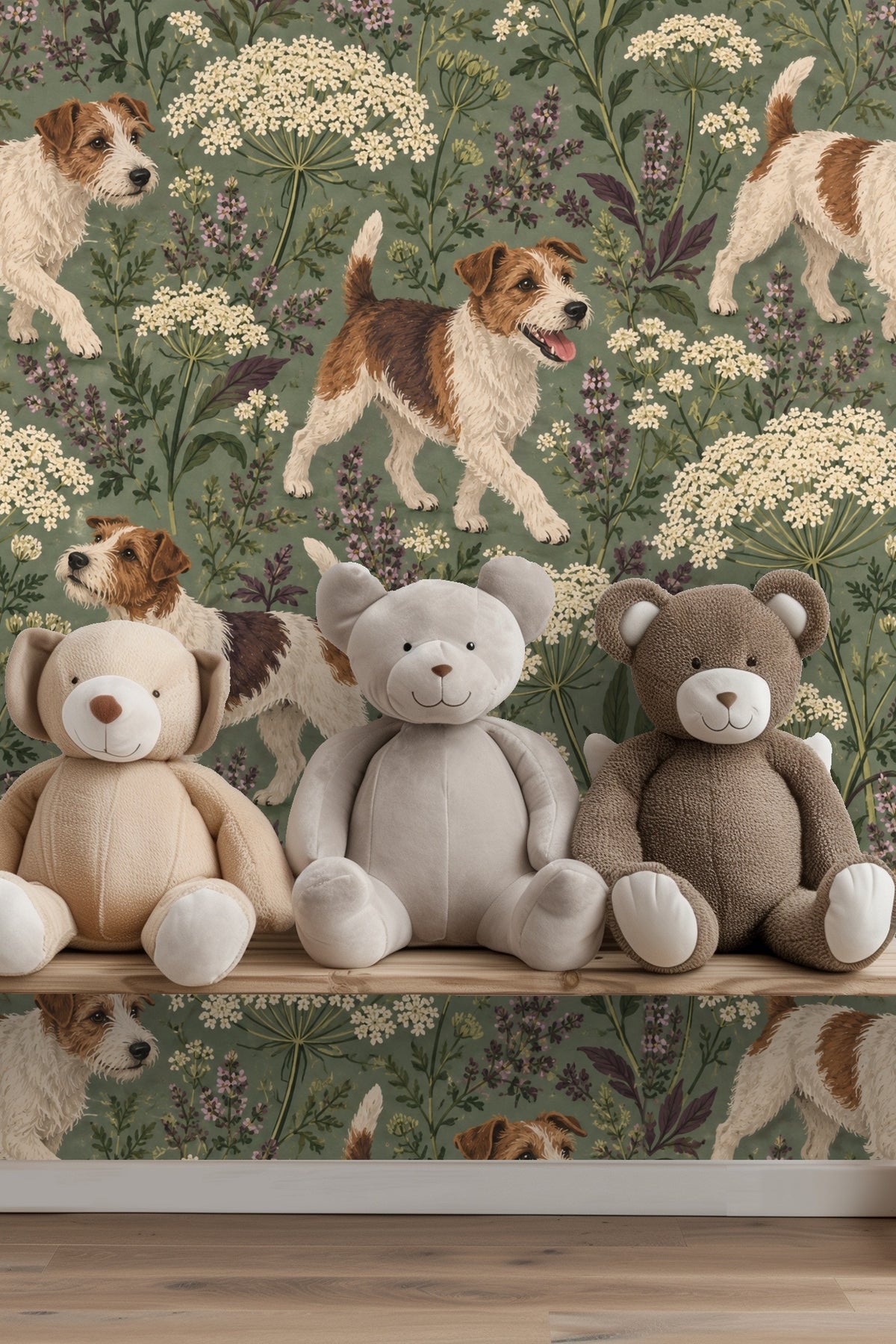 Muted sage green background enhances fine line work of flowers and terriers