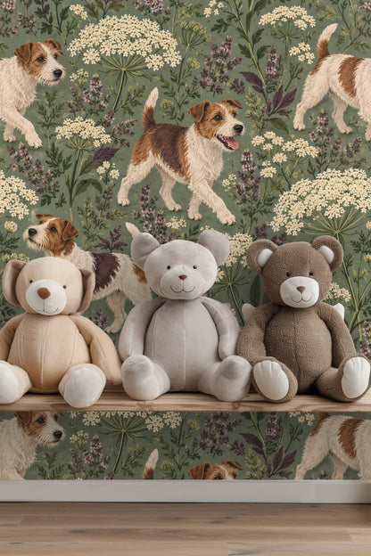 Muted sage green background enhances fine line work of flowers and terriers