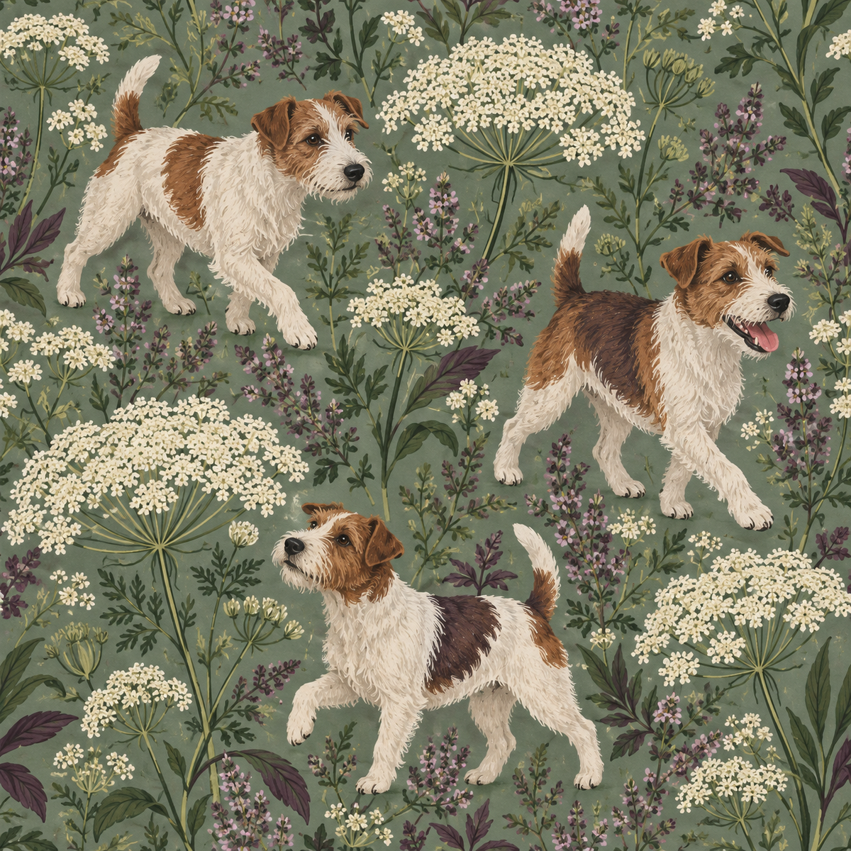 Close-up texture of wallpaper showing paint-like brushwork on dogs and plants