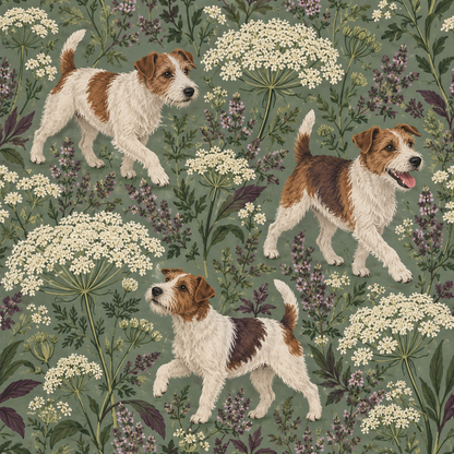 Close-up texture of wallpaper showing paint-like brushwork on dogs and plants