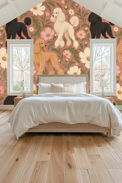 Side table with candle and flowers in front of apricot cosmos poodles wallpaper