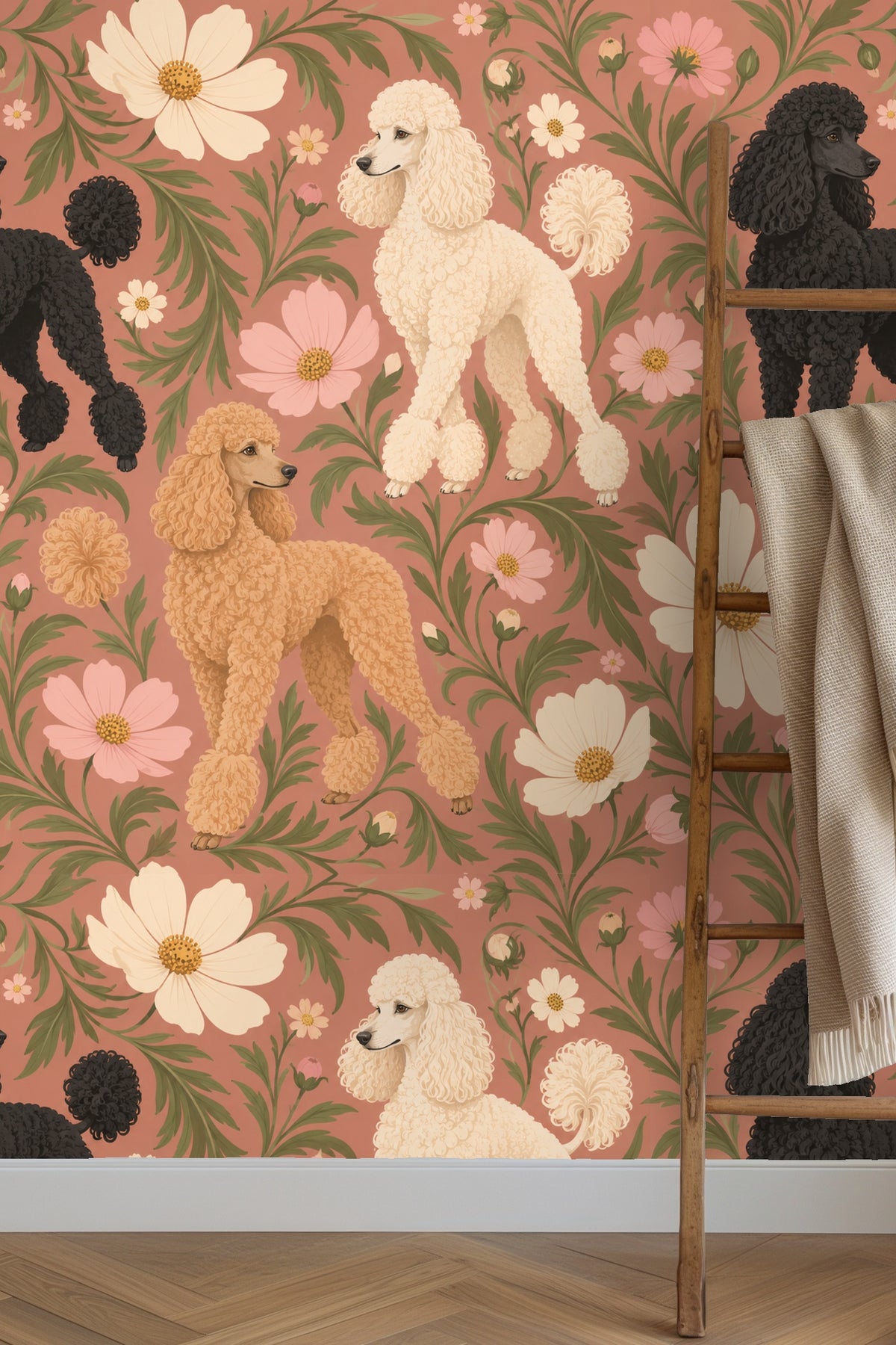 Pattern detail showing poodle and cosmos flower motif on wallpaper