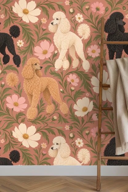 Pattern detail showing poodle and cosmos flower motif on wallpaper