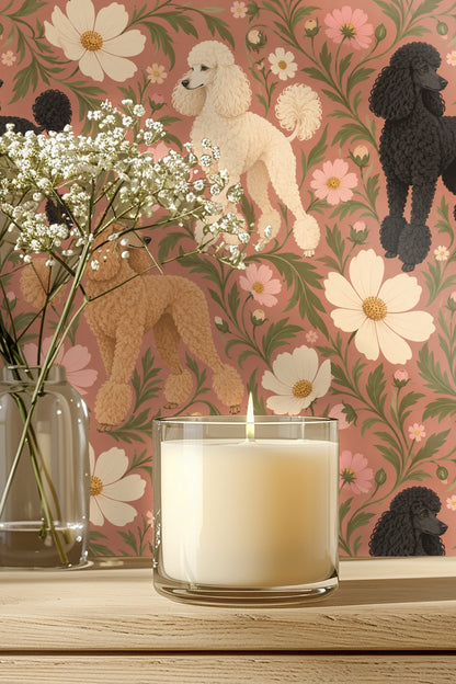 Bathroom medicine cabinet open revealing shelves with bottles and apricot cosmos poodles wallpaper behind