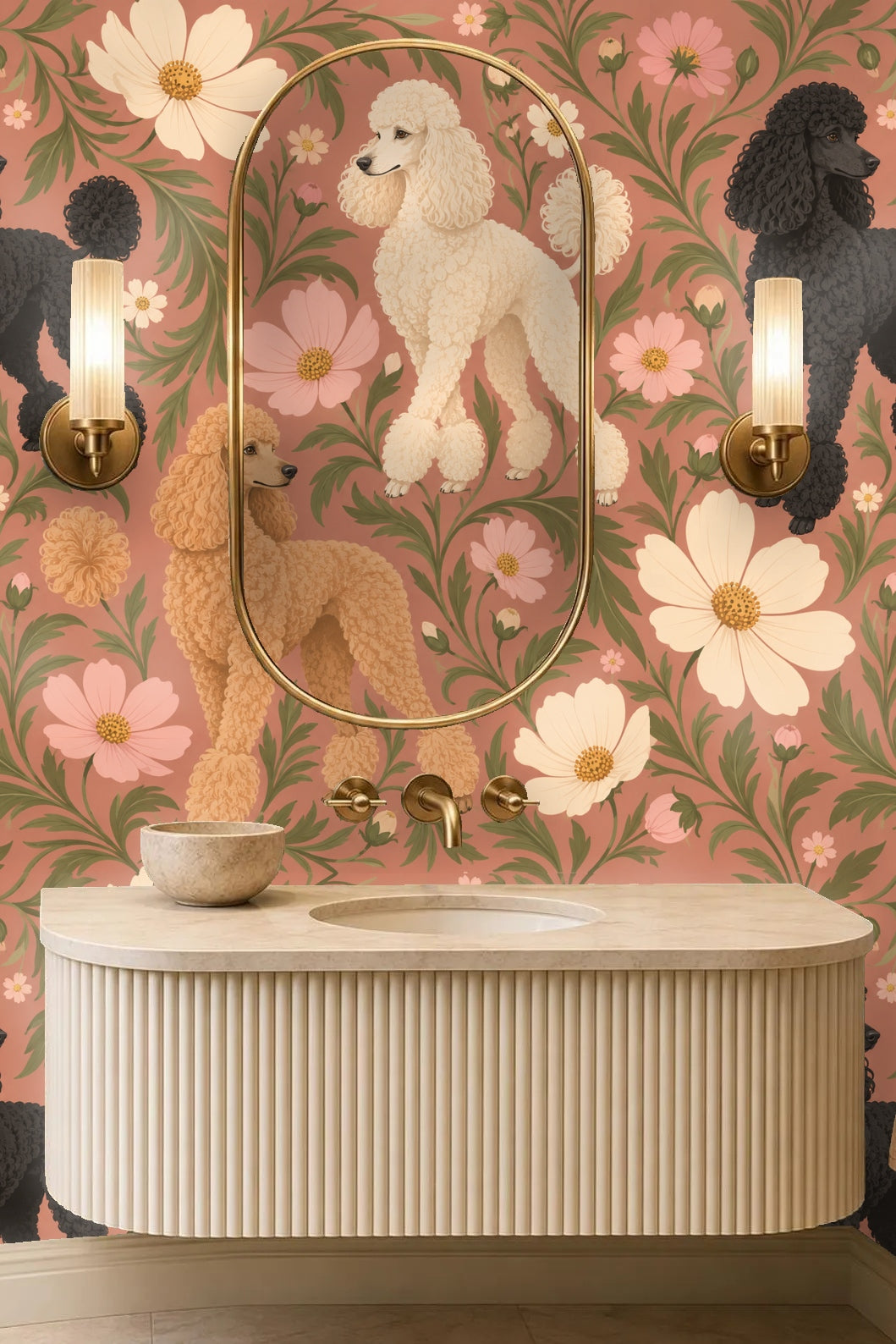 Room corner with apricot cosmos poodles wallpaper and natural wood furniture
