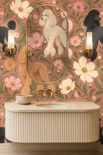 Room corner with apricot cosmos poodles wallpaper and natural wood furniture
