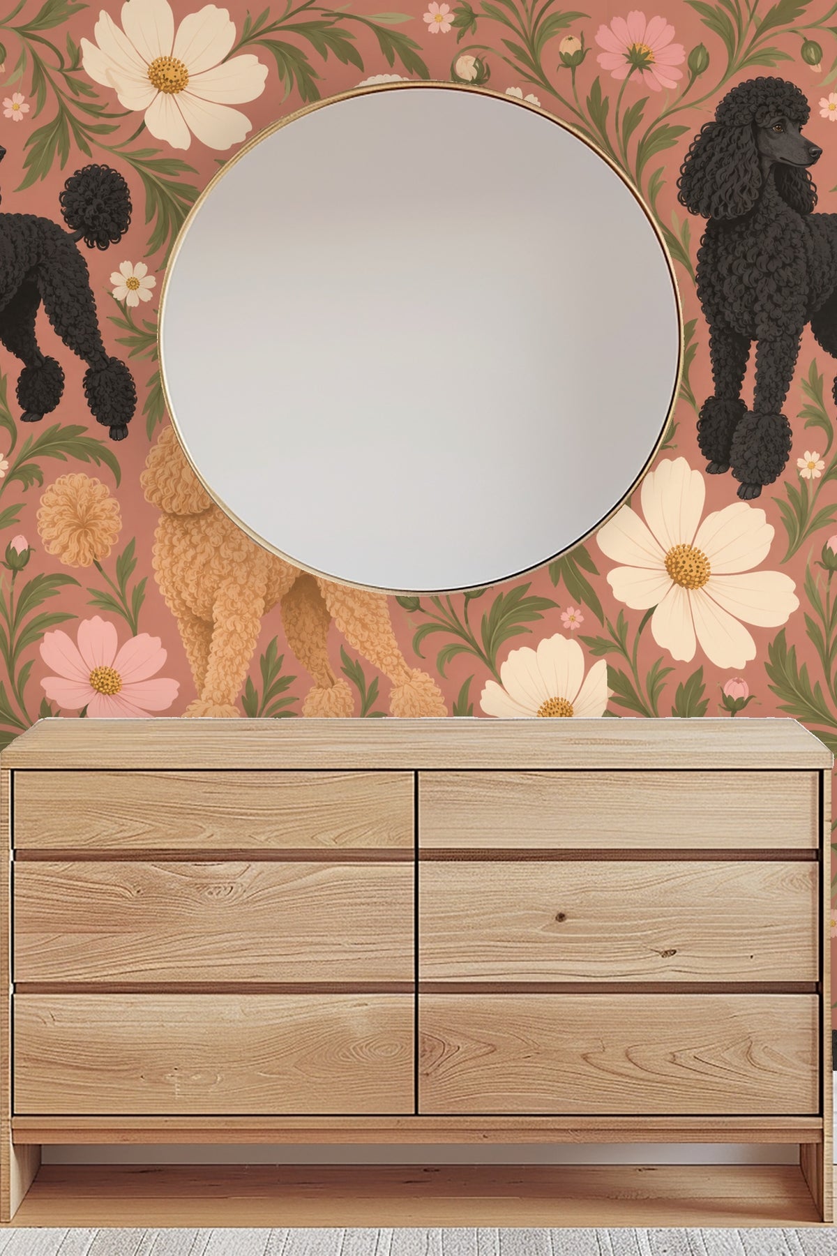 Wallpaper showing balanced swirl of leaves and blossoms around poodles
