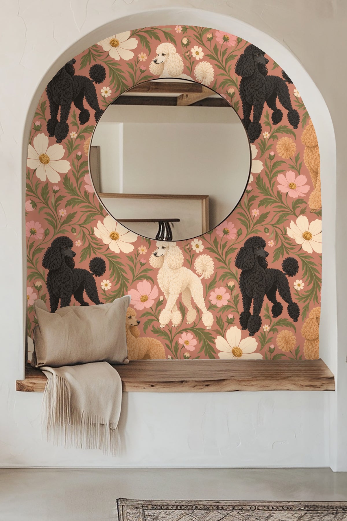 Dining area with apricot cosmos poodles wallpaper in background