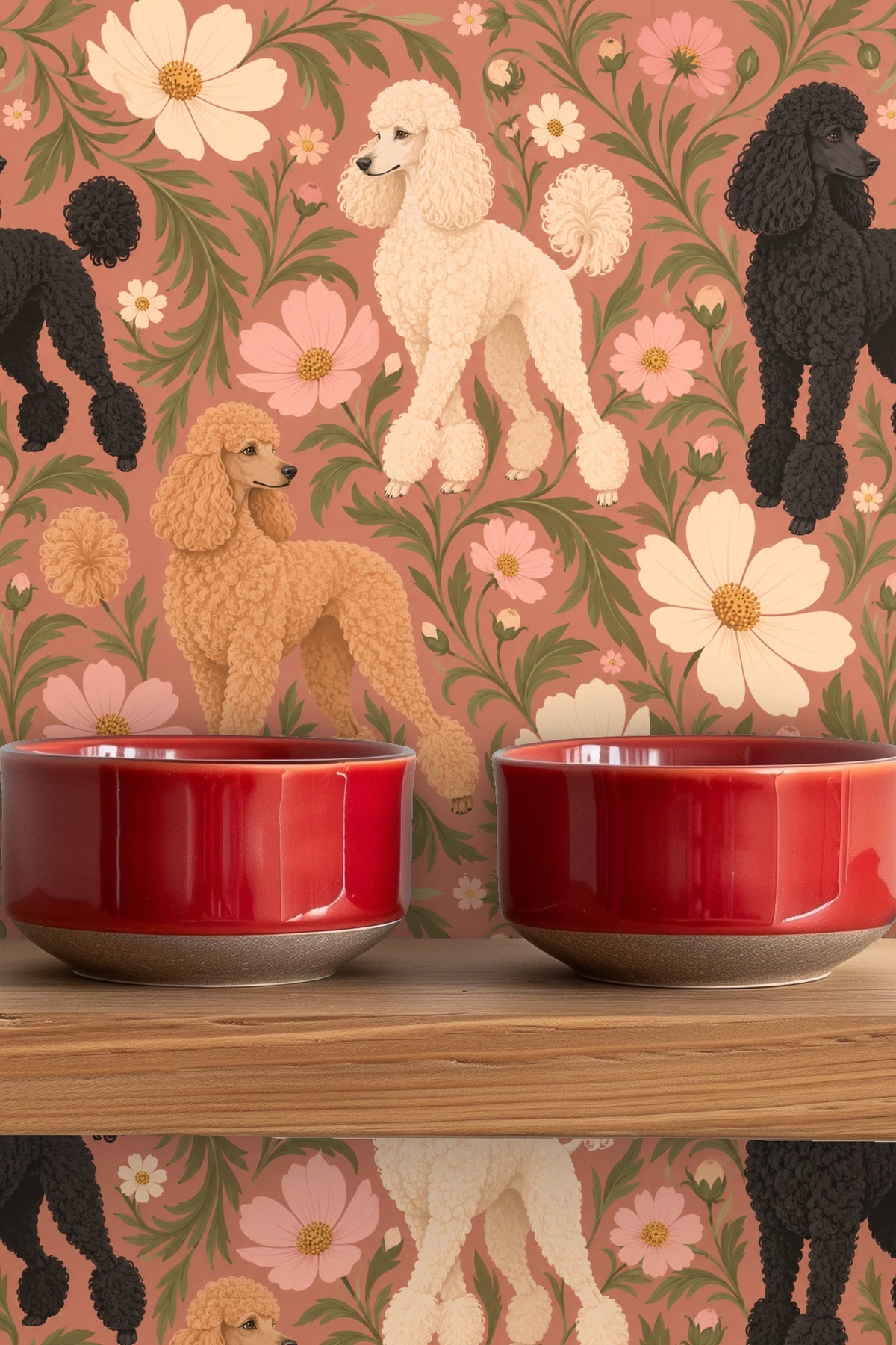 Cosmos flower clusters with green leaves pattern on wallpaper
