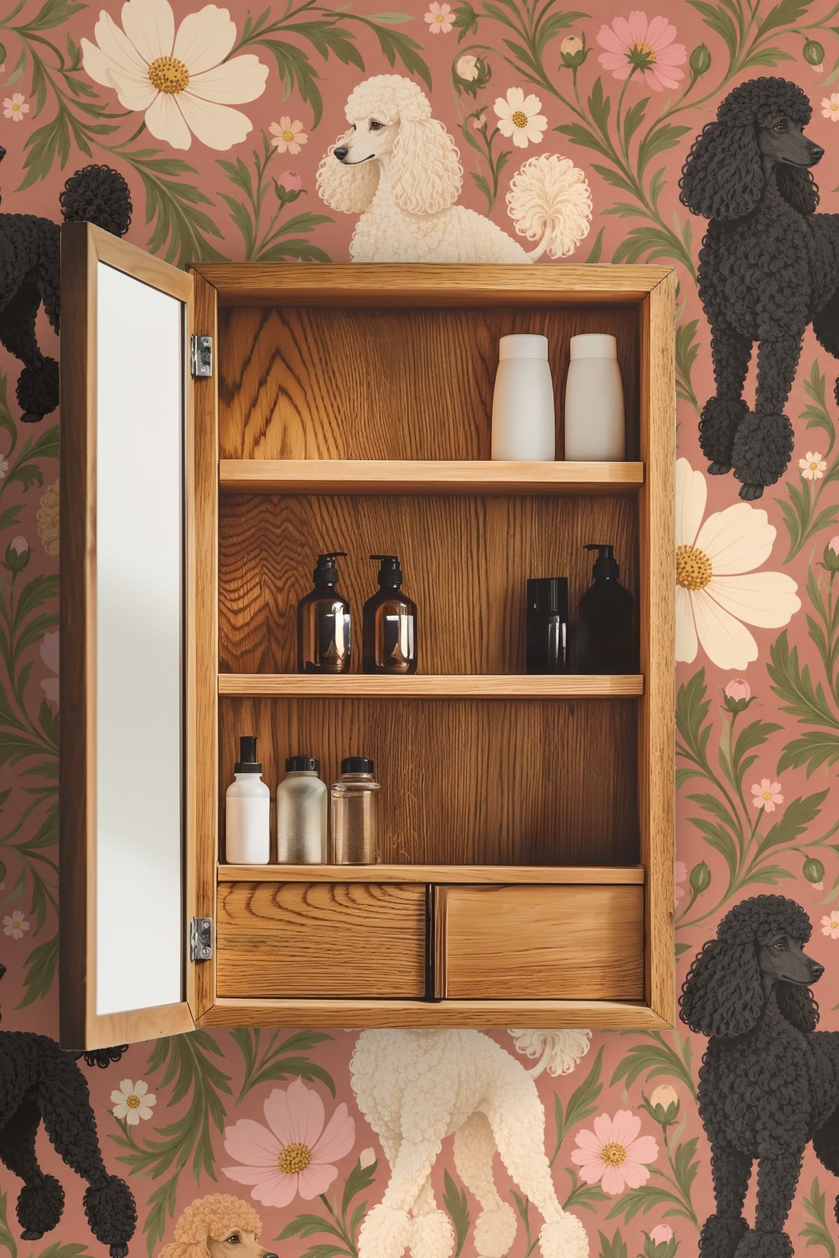 Wallpaper featuring black, cream, and apricot poodles with cosmos flowers on apricot background