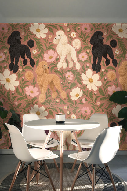 Chunky linework and polished texture details of poodle fur on wallpaper