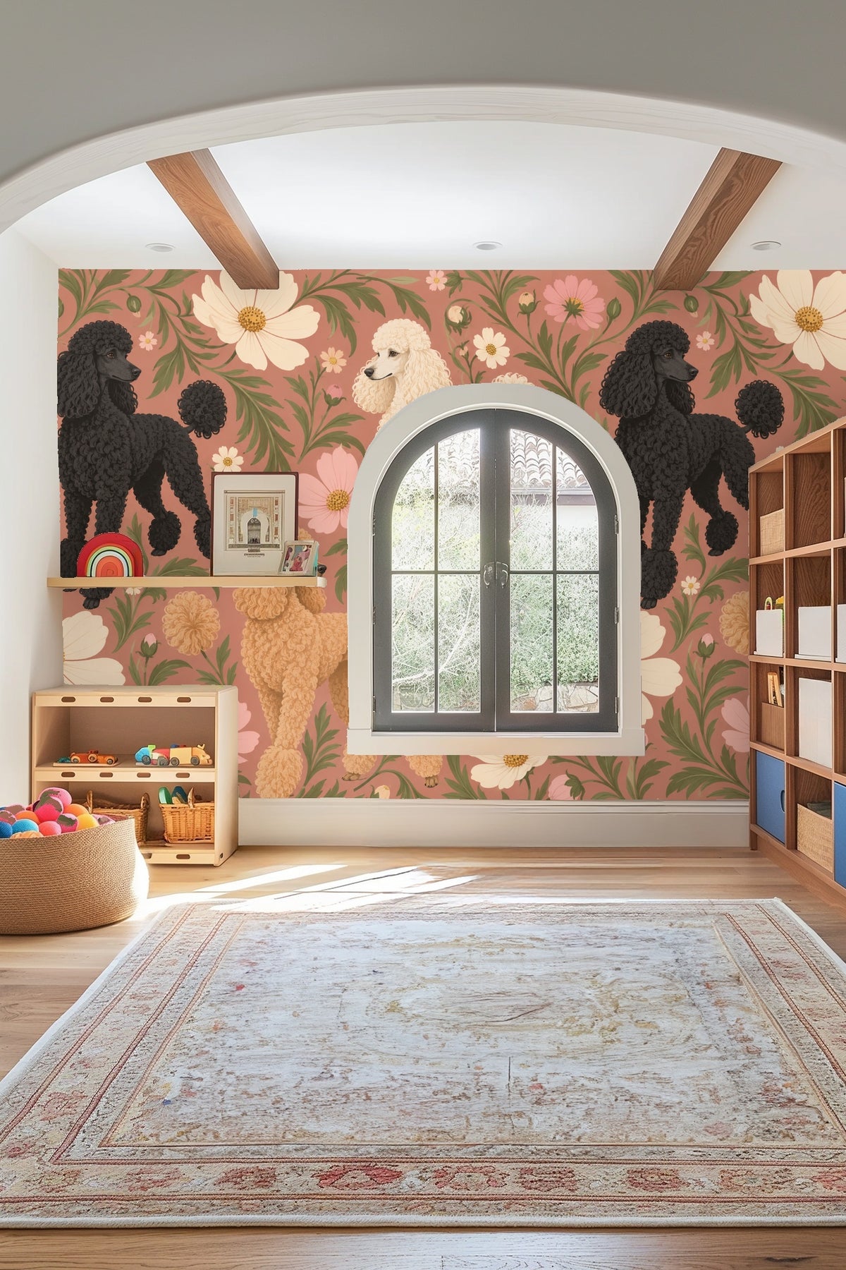 Cream poodle standing prominently against floral apricot wallpaper