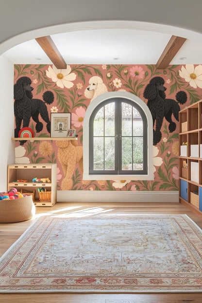 Cream poodle standing prominently against floral apricot wallpaper