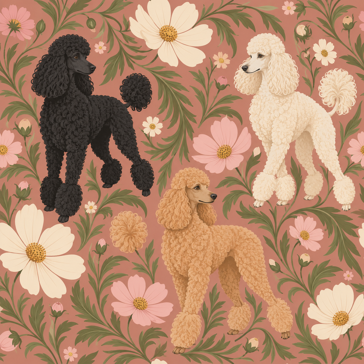 Decorative vase and candle in room with apricot cosmos poodles wallpaper