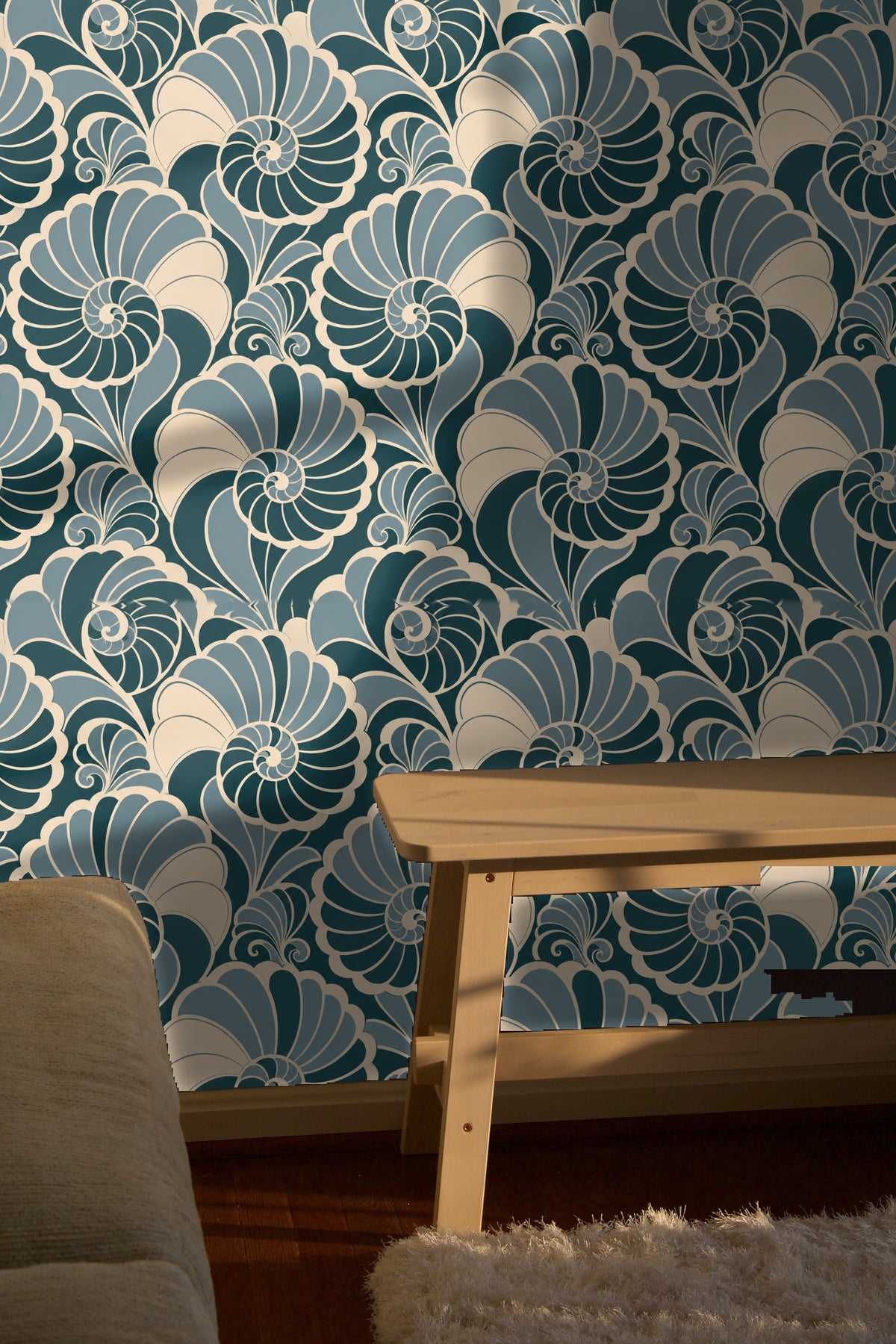 Segmented shell patterns creating visual rhythm in a wallpaper design styled in a bedroom setting.