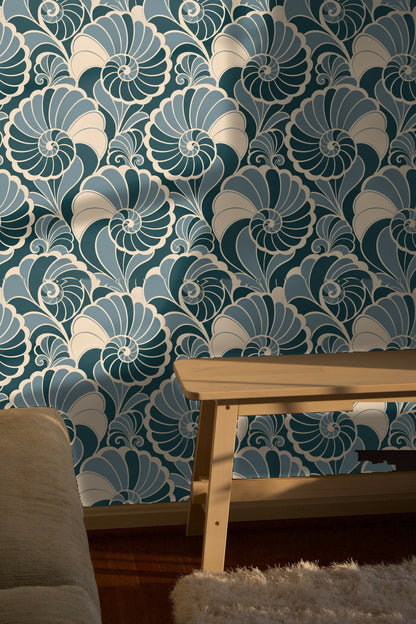 Segmented shell patterns creating visual rhythm in a wallpaper design styled in a bedroom setting.