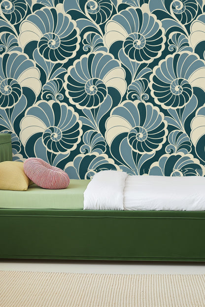 Graphic line detail of nautilus shells showcasing crisp outlines and smooth color gradients.