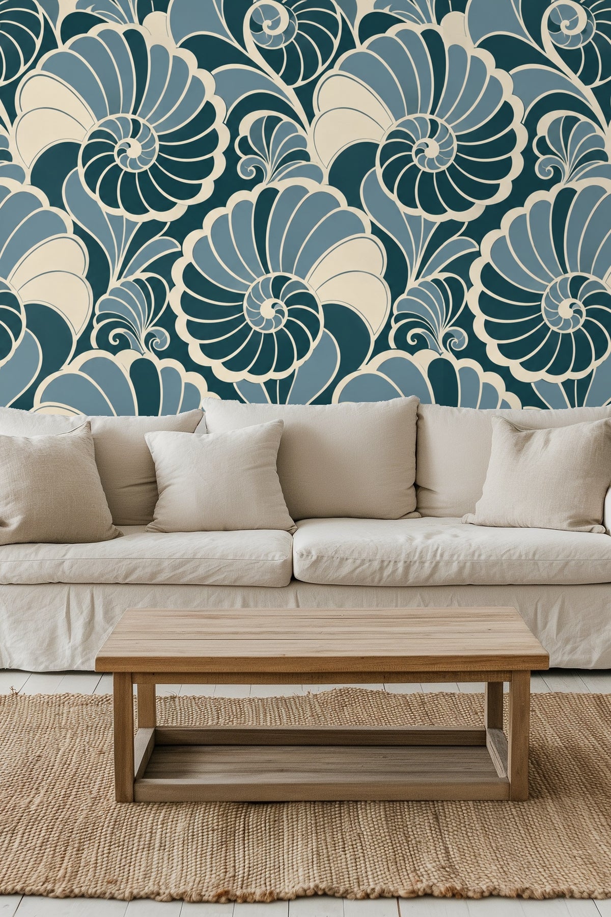 Graphic wallpaper featuring large nautilus shell spirals in shades of teal, blue, and white.
