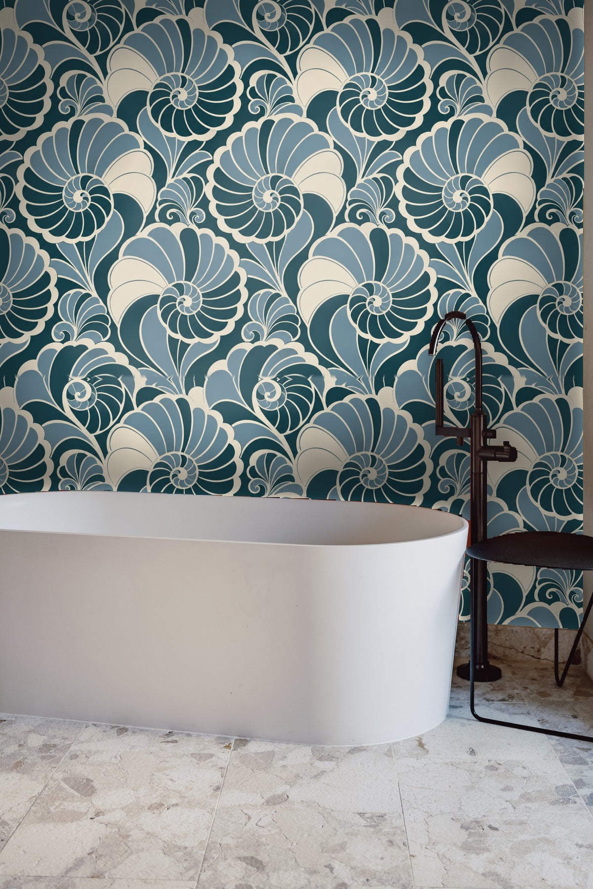Stylized marine-inspired wallpaper with overlapping spiral shells and abstract flourishes on creamy background.