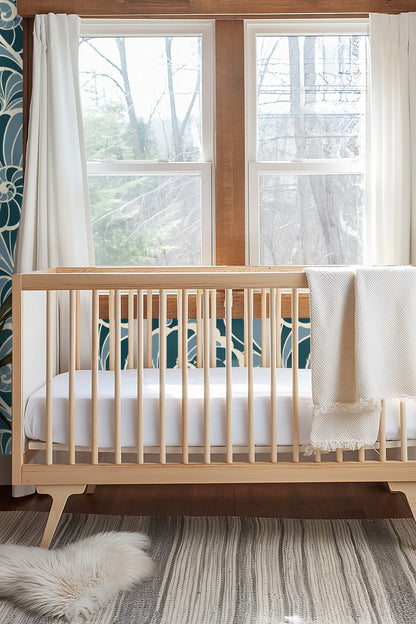 Muted creamy background contrasting with saturated teal and dusty blue shell motifs.