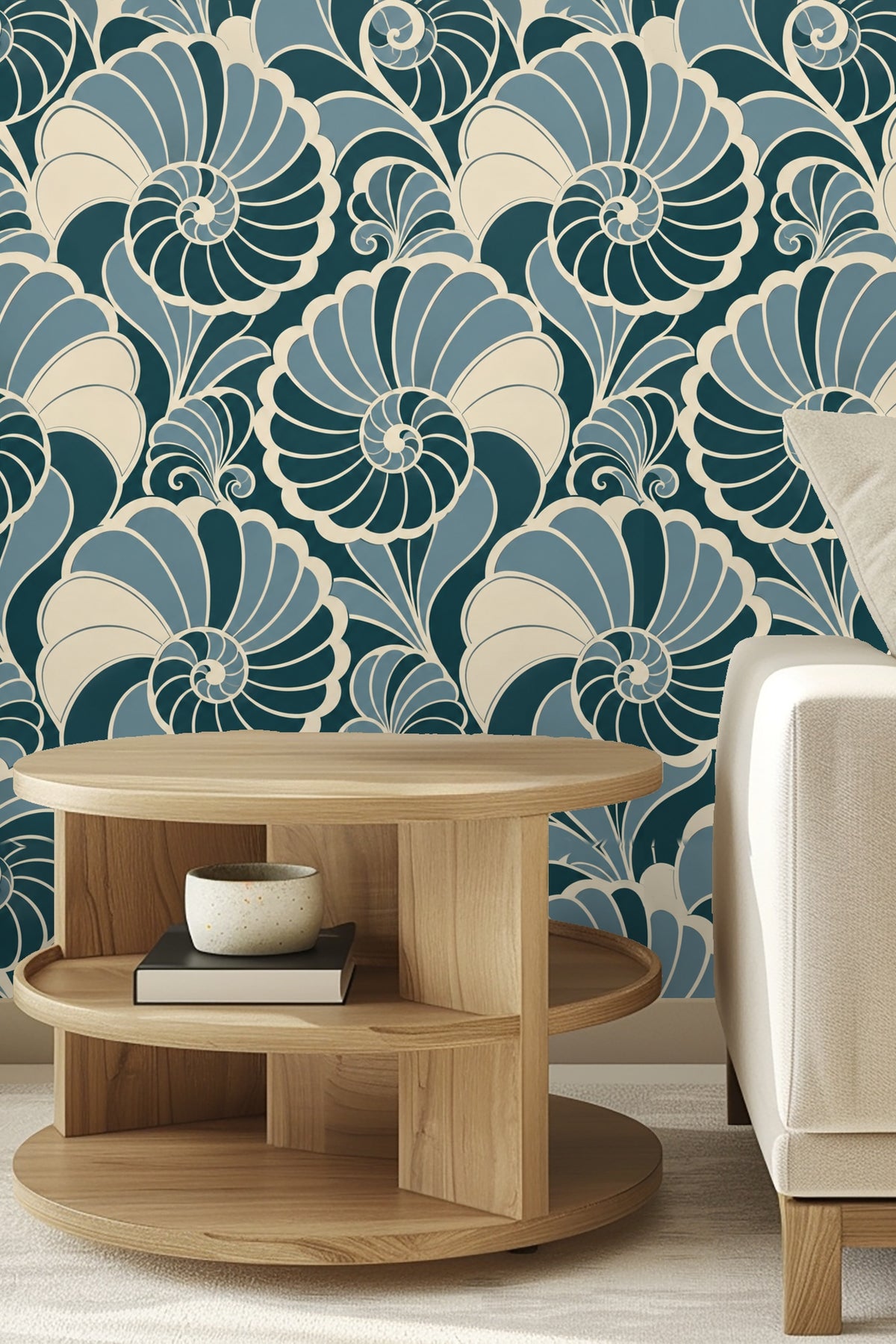 Patterned wallpaper featuring whimsical spiral shells and abstract shapes in shades of blue.