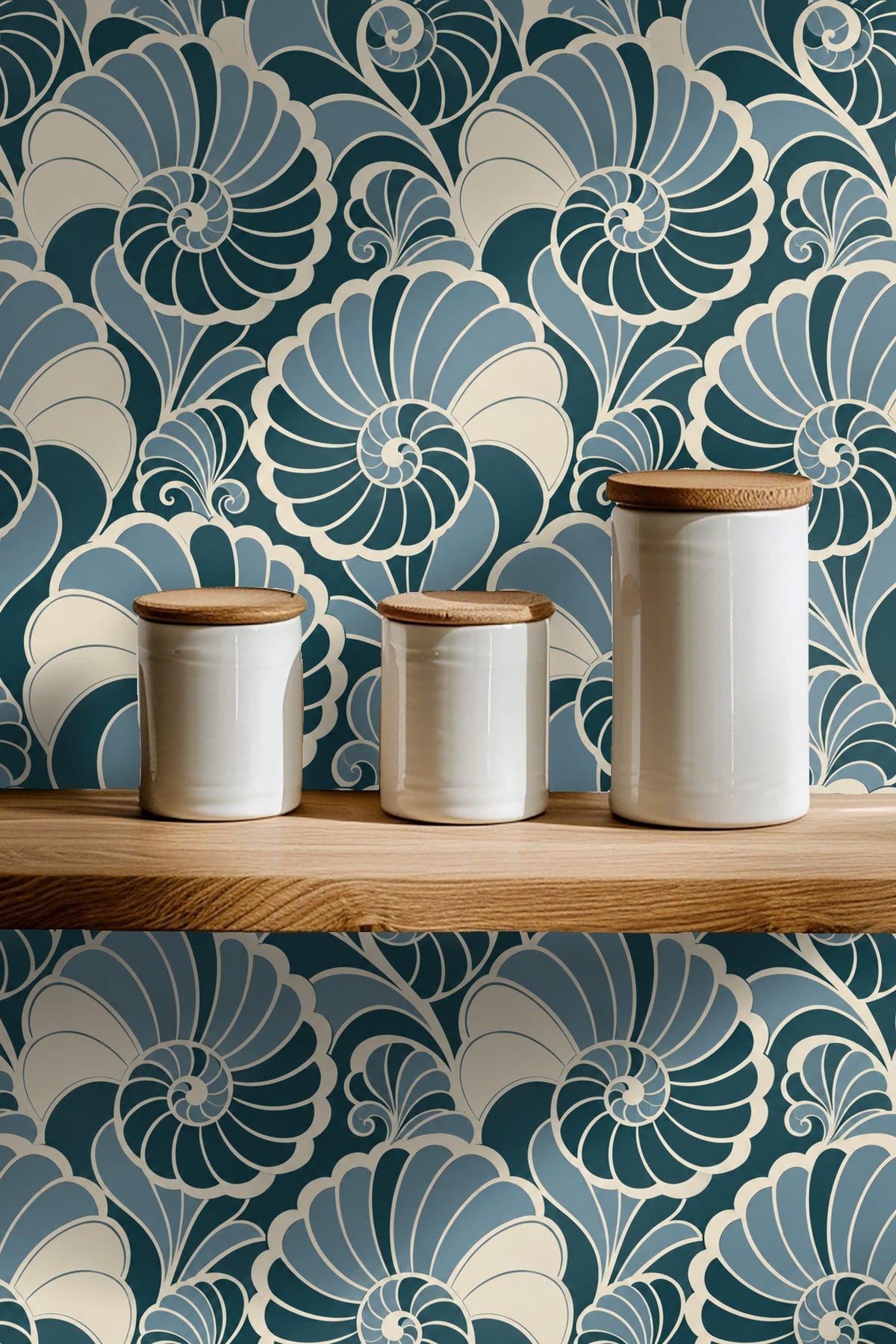 Full wall covered in bold Art Deco style nautilus shell wallpaper in a modern living space.