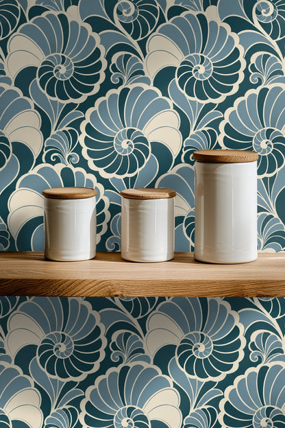 Full wall covered in bold Art Deco style nautilus shell wallpaper in a modern living space.