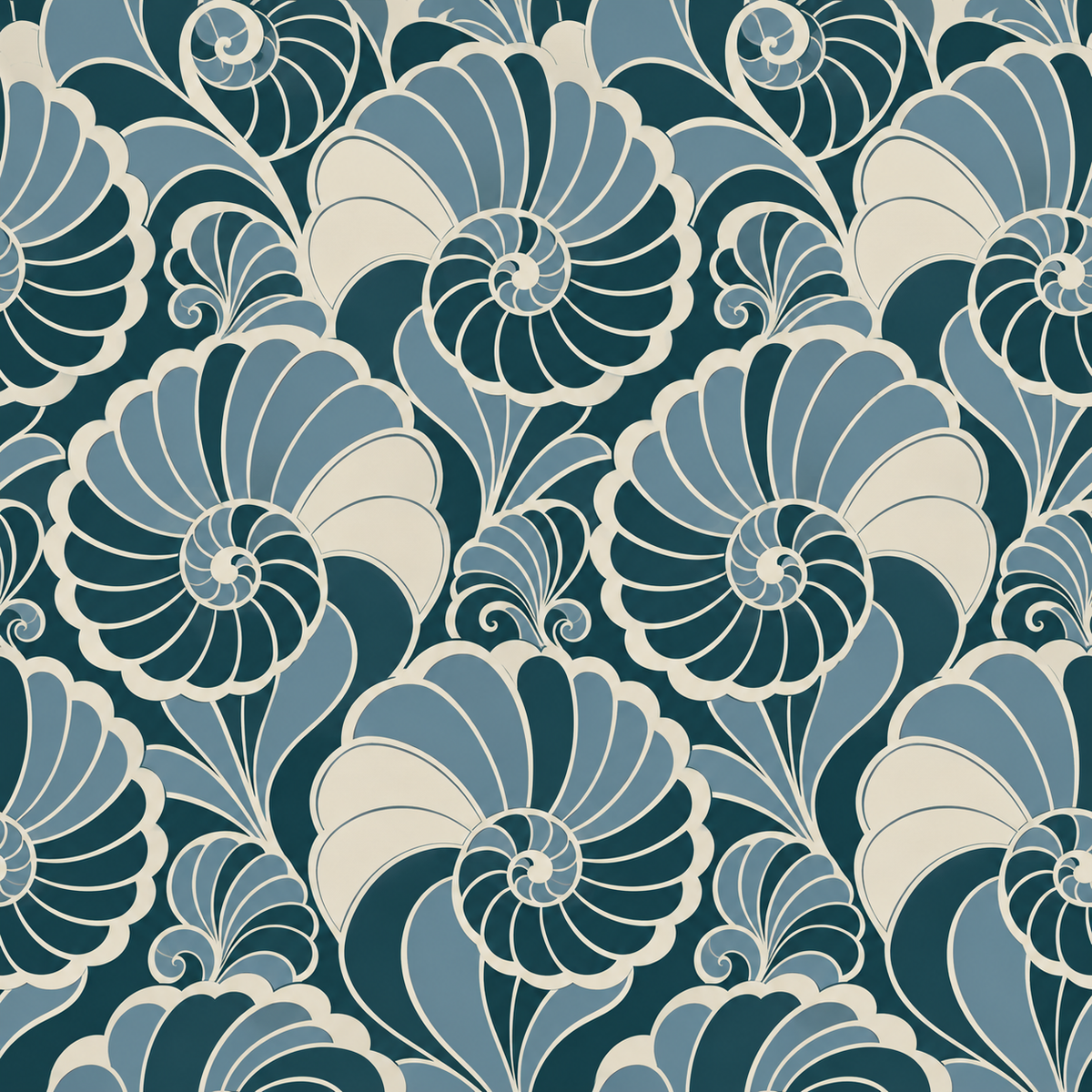 Art Deco inspired large-scale nautilus shell wallpaper displayed in room with green accent upholstery.