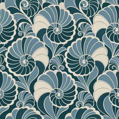 Art Deco inspired large-scale nautilus shell wallpaper displayed in room with green accent upholstery.