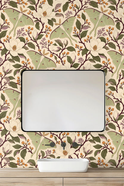 Natural color palette of muted greens, creams, soft purples and warm orange buds