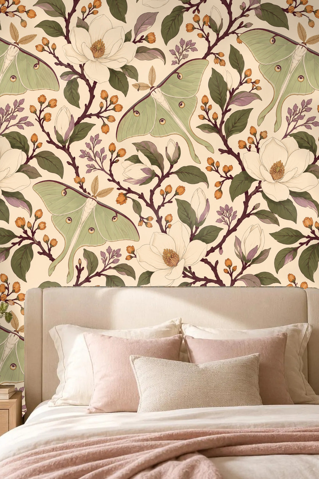 Detailed botanical wallpaper featuring pale green luna moths and cream magnolia flowers on an ivory background