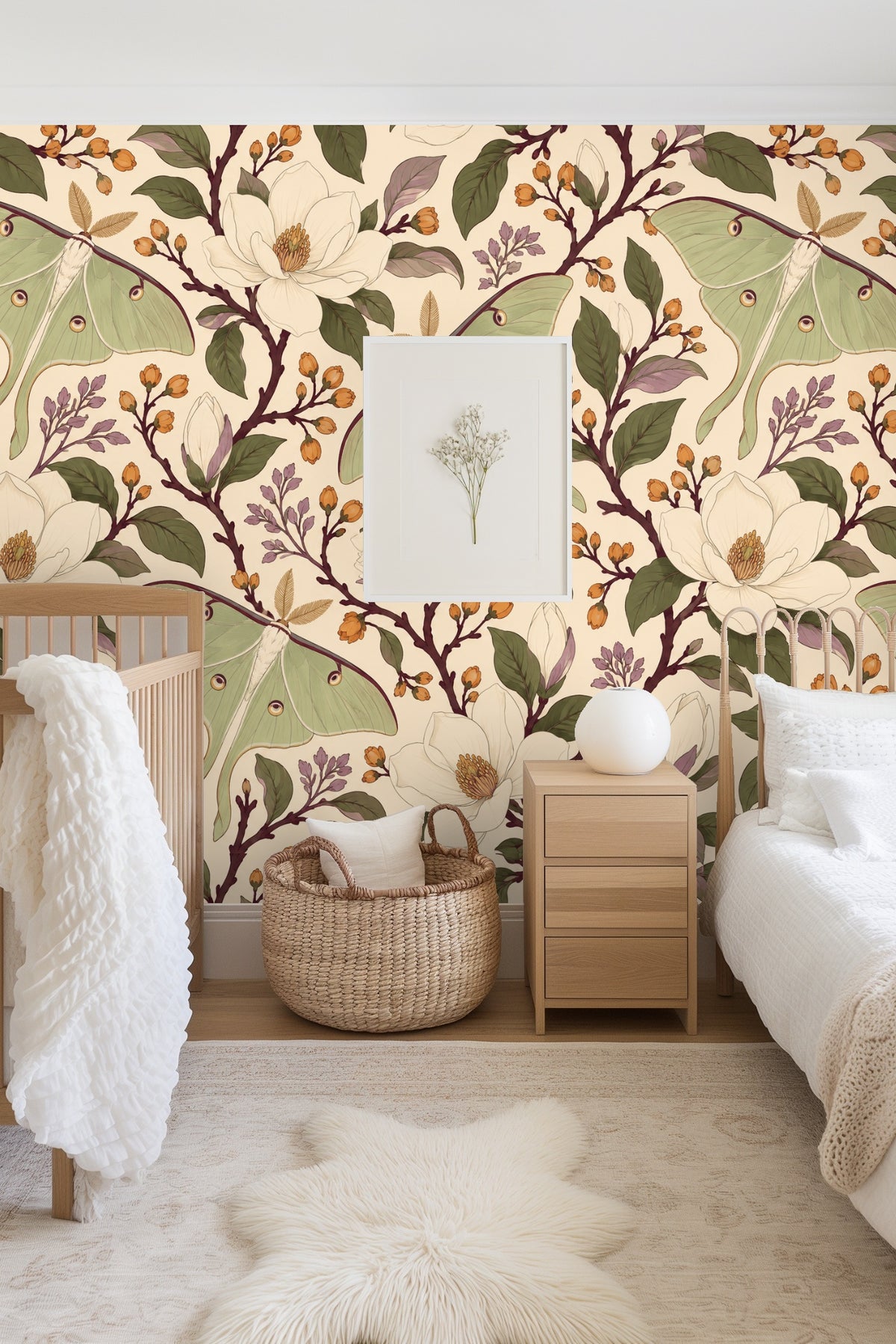 Living room wall with Moon Moth Magnolia wallpaper paired with white sofa and wooden decor elements