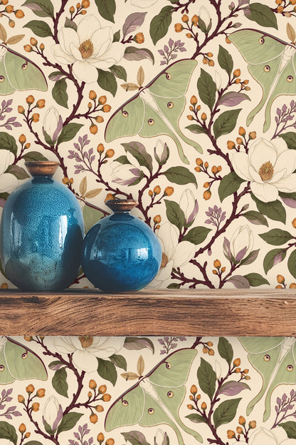 Curving dark branches with small orange buds and light green leaves in wallpaper pattern