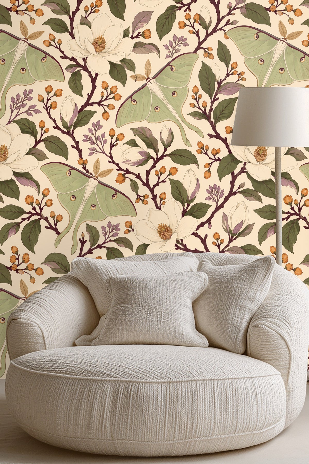 Cozy room setting highlighting the wallpaper’s vintage botanical mood