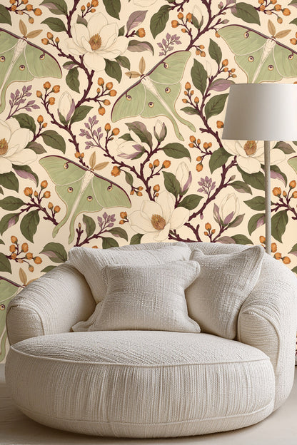 Cozy room setting highlighting the wallpaper’s vintage botanical mood