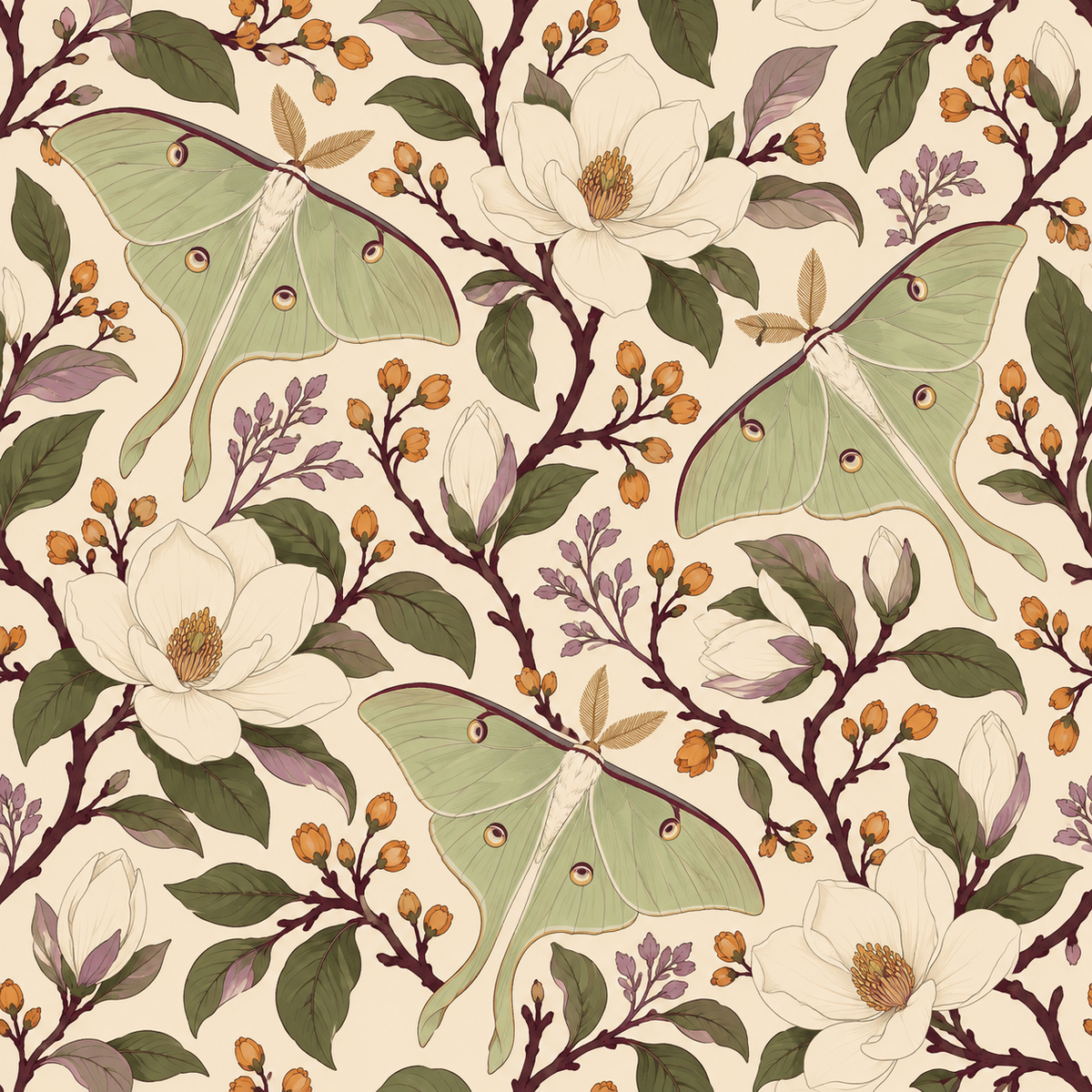 Overall scale and pattern repeat of Moon Moth Magnolia design on large wall