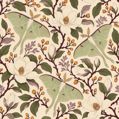 Overall scale and pattern repeat of Moon Moth Magnolia design on large wall