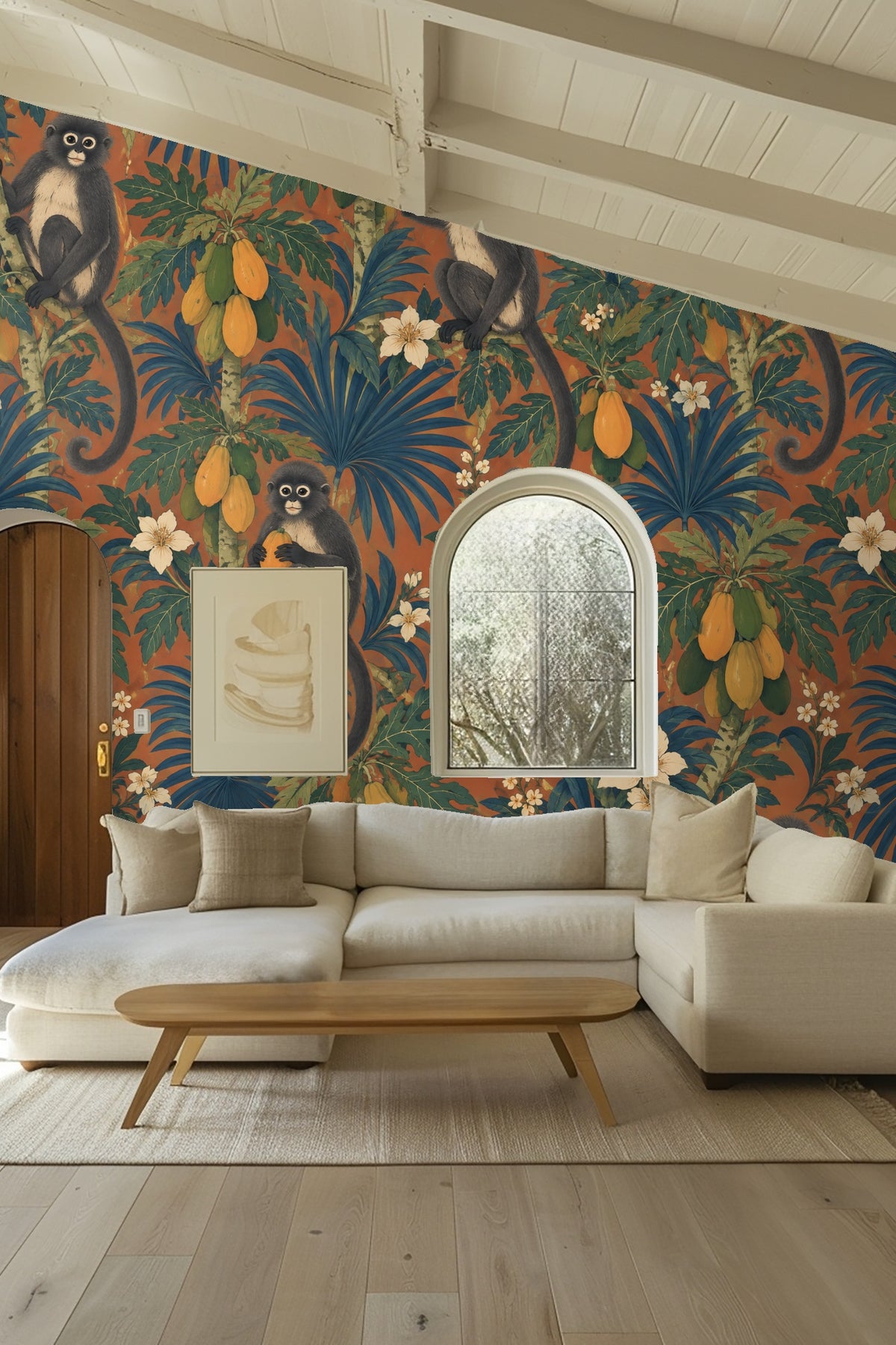 Bedroom scene with Papaya Monkey Trellis wallpaper behind wood headboard and neutral bedding