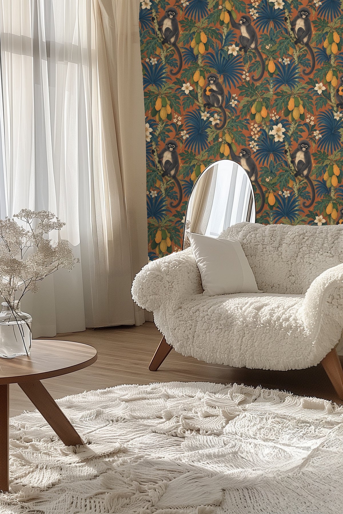 Pattern repeat showing three monkeys in different playful poses among papaya and broad foliage