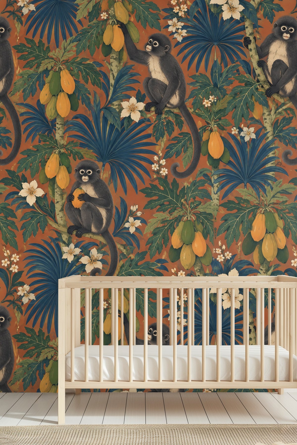 Living room with Papaya Monkey Trellis wallpaper, featuring monkeys near arched window and cream sectional sofa